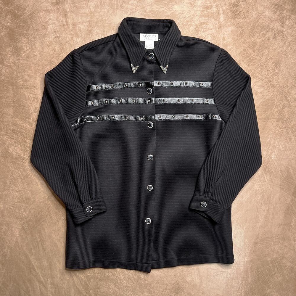Vintage 90s Adolfo Cardigan Sweater Shirt Faux Leather Striped Black Silver Goth